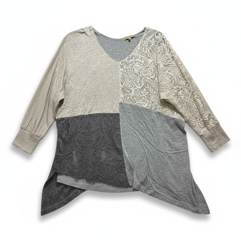 Democracy S Gray Patchwork Lace V-Neck Tunic Top Womens Boho Casual Cozy
